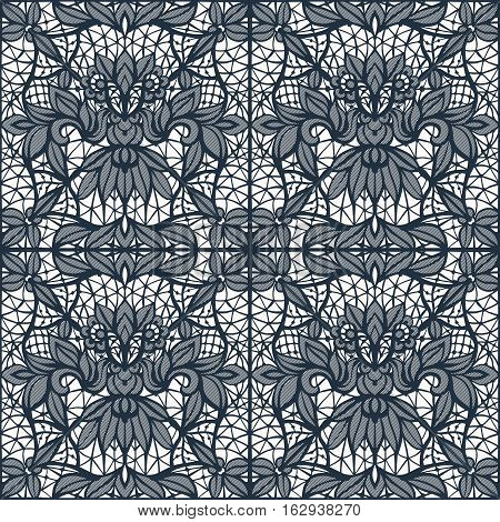 Black and white seamless pattern with lace cutwork. Hand-drawn illustration. Vector