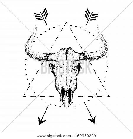 Skull of bull with horns.Vintage label.Retro design