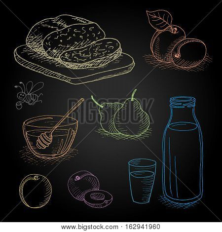 Set hand-drawn food ingredients on chalkboard. Hand drawn vector illustration. Set with elements fruit, bread, milk, honey, funny bee, honey spoon, peach, apricot, pear, bottle, glass