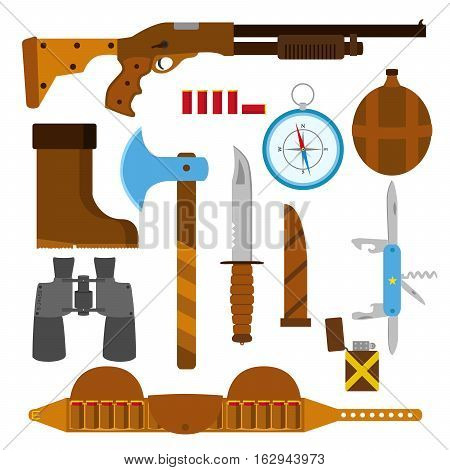 Hunting icons flat set with knife, axe, shotgun, case, lighter, pen-knife, compass, shell, bullets binoculars bottle and boots isolated vector illustration