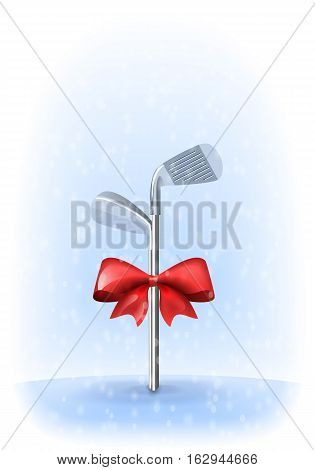 Golf irons tied with a red bow inserted in the snow with snowflakes. Colorful vector illustration