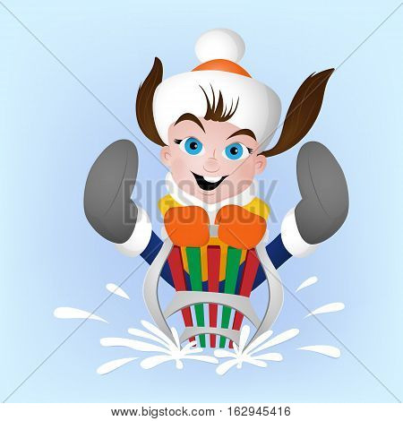Winter family activity with girl jumping with sledge