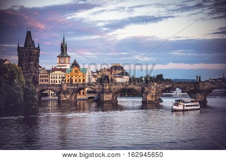 Charles Bridge (Stone Bridge Karlov most Prague Bridge Prazhski most) over Vltava river in Prague Czech Republic