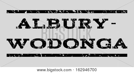 Albury-Wodonga watermark stamp. Text tag between horizontal parallel lines with grunge design style. Rubber seal stamp with dust texture. Vector black color ink imprint on a light gray background.