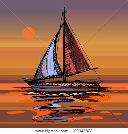Sailing boat vector color sketch with reflection. Sunset Sea yacht floating on the water surface.