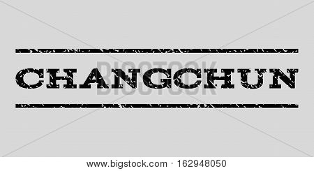 Changchun watermark stamp. Text caption between horizontal parallel lines with grunge design style. Rubber seal stamp with dust texture. Vector black color ink imprint on a light gray background.