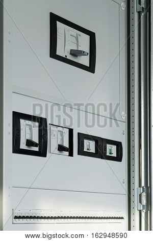electrical Cabinet with breakers closed protective panels to protect people from touching electrical components