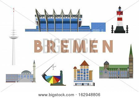 Colorful and detailed skyline of Bremen with various landmarks of Bremen, Germany isolated