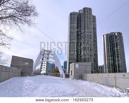 The Humber Bay Arch Bridge on shore of the Lake Ontario in Toronto Canada December 20 2016