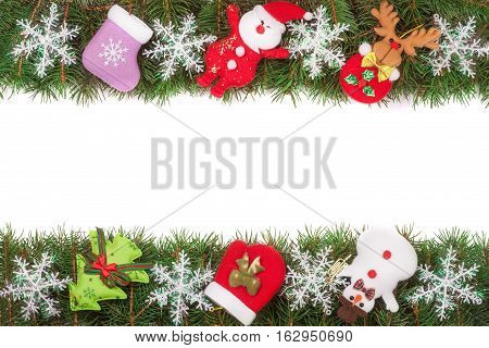 Christmas frame made of fir branches decorated with snowflakes Snowman and Santa Claus isolated on white background.