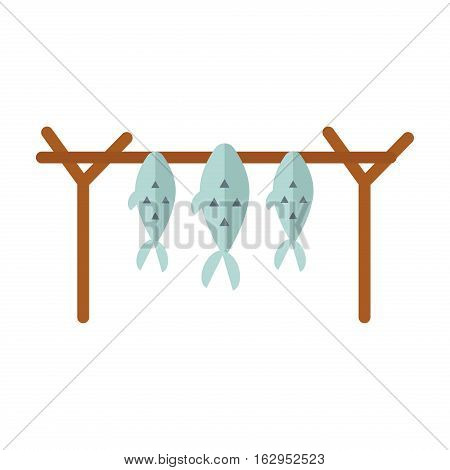 Dried fish fillets skewers on white background. Vector salted snack. Seafood prepared delicious and small healthy cuisine. Gourmet raw traditional food.