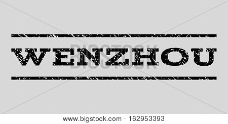 Wenzhou watermark stamp. Text tag between horizontal parallel lines with grunge design style. Rubber seal stamp with unclean texture. Vector black color ink imprint on a light gray background.