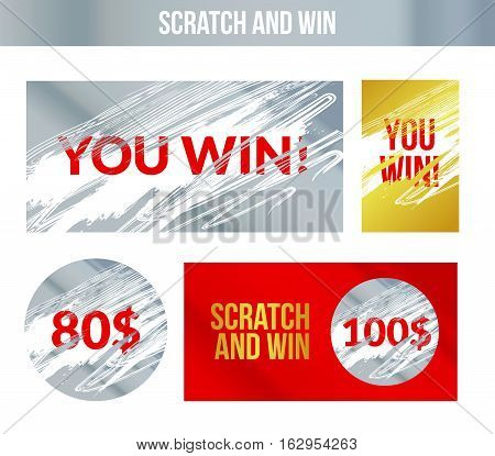 Scratch and win labels. Scratch marks effect. Winner concept lottery.