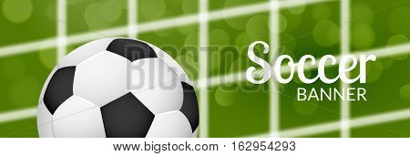 Football soccer banner design template with ball net. Blurred grass. Football or soccer sport poster.
