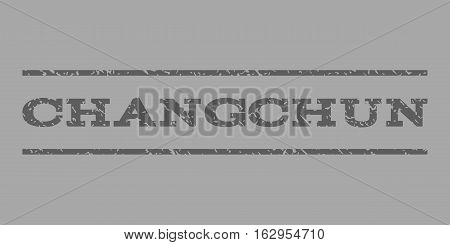 Changchun watermark stamp. Text tag between horizontal parallel lines with grunge design style. Rubber seal stamp with scratched texture. Vector dark gray color ink imprint on a silver background.