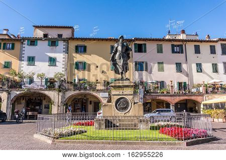 Greve in Chianti Italy - Oct 4 2016: The Piazza Giacomo Matteotti in the city of Greve Chianti Tuscany Italy.