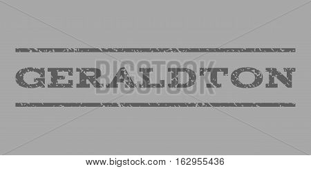 Geraldton watermark stamp. Text tag between horizontal parallel lines with grunge design style. Rubber seal stamp with dust texture. Vector dark gray color ink imprint on a silver background.