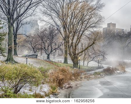 Central Park New York City on foggy morning fter snow storm