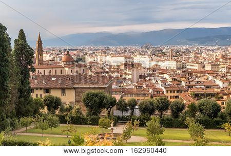 Skiline of the city Florence with Boboli gardens in the foreground.