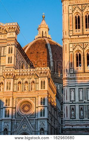 FLORENCE ITALY - Oct 10 2016. cathedral Santa Maria del Fiore (Duomo) Giotto's bell tower (campanile) and Baptistery of St. John from Piazza del Duomo on Oct 10 2016 Florence Tuscany Italy