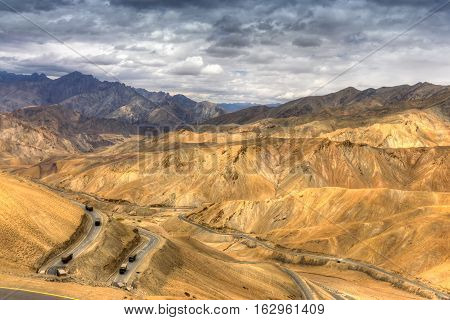 Aerial view of Zigzag road - famously known as jilabi road at old route of Leh Srinagar Highway Ladakh Jammu and Kashmir India