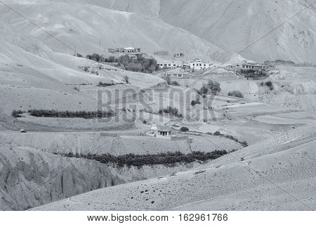Aerial view of Zigzag road - famously known as jilabi road at old route of Leh Srinagar Highway Ladakh Jammu and Kashmir India. Black and White Image.