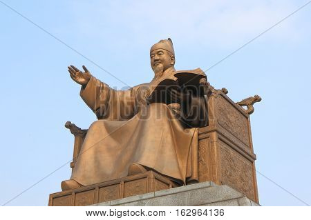 SEOUL SOUTH KOREA - OCTOBER 19, 2016: King Sejong monument Seoul Korea. King Sejoong was the fourth king of Joseon-dynasty Korea.
