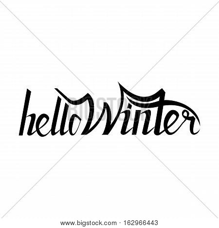 Hello winter brush lettering calligraphy on white isolated. er text for cards, invitations, templates with hand drawn lettering