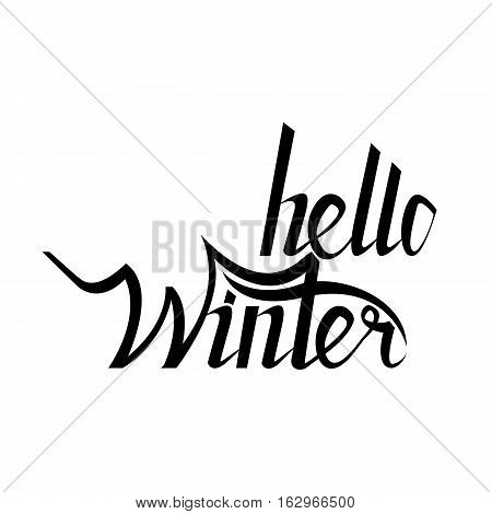 Hello winter brush lettering calligraphy on white isolated. er text for cards, invitations, templates with hand drawn lettering