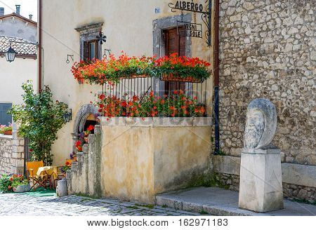 Pescocostanzo Italy - August 19 2006: The traditional architectures of an hotel in the country center