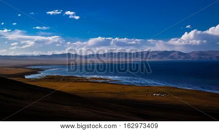 Panorama of Song Kul lake at the sunset Kyrgyzstan