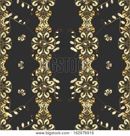 Vintage Pattern On Dim Black Background With Golden Elements. New Year Christmas Snowflake. Raster.