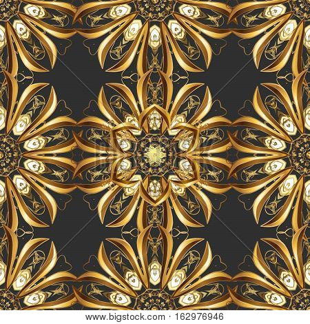 Vintage Pattern On Dim Black Background With Golden Elements. New Year Christmas Snowflake. Raster.