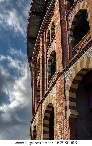 Lateral view on Barcelona arena on placa Espanya, summer Spain