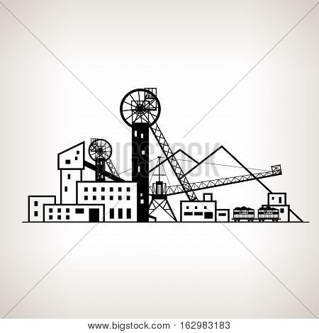 Silhouette complex industrial facilities with spoil tip and with rail cars, coal mine on the light background, black and white   illustration