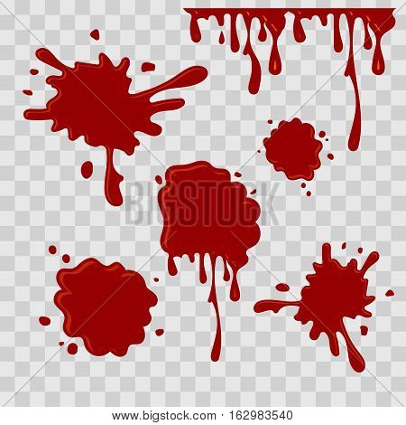 Paint drop abstract illustration. Red blood on checkered transparent background. Flat style. Vector set