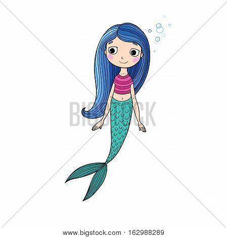 Beautiful cute cartoon mermaid with long hair. Siren. Sea theme. isolated objects on white background. Vector illustration.