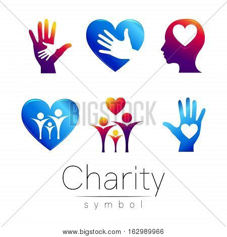 Vector Set illustration. Symbol of Charity.Sign people heart hean hand isolated on white background.Violet blue Icon company, web, card.Modern bright element. orphans Help kids campaign.Family image
