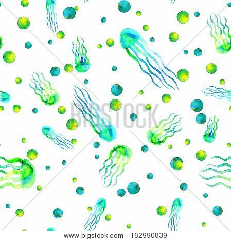 Hand drawn jellyfish. Watercolor pattern. Sea seamless element. Design on white background. Unusual and modern. For textile, fabric and wallpaper. Blue yellow bright