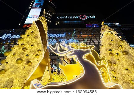 BANGKOK THAILAND - DECEMBER 24 2016: rain deer and Christmas tree light up decoration at Central World the most famous light decroation landmark in Bangkok.