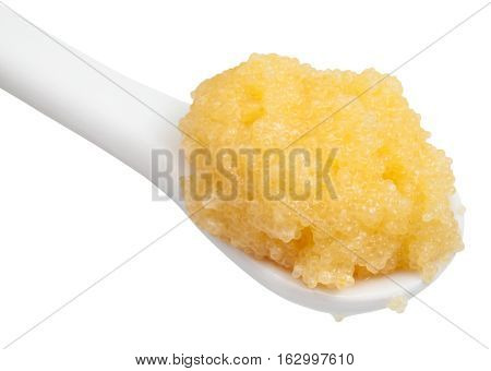 Salty Caviar Of Capelin In Ceramic Spoon Close Up