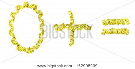 Number made from Yellow centimeter tape. Isolated zero, plus, equals
