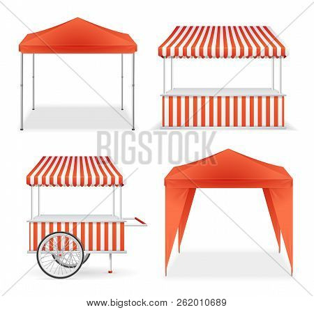 Realistic Detailed 3d Red And Striped Blank Market Stall Template Mockup Set. Vector