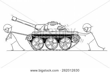 Cartoon Stick Drawing Conceptual Illustration Of Two Soldiers Pushing And Pulling Broken Or Malfunct