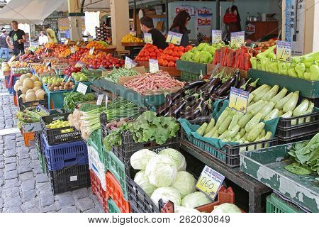Thessaloniki, Greece - July 01, 2011: Fresh Vegetables And Fruits At Modiano Farmers Market In Thess
