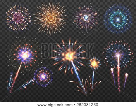 Fireworks. Holiday Firework Explosion In Night, Firecracker Sparks. Happy New Year Vector Decoration