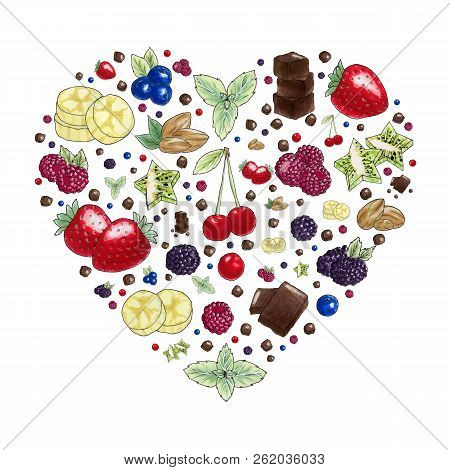 Heart Made Of The Hand Painted Chocolate, Berries, Fruits. Isolated Objects On A White Background. F