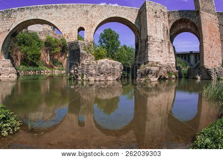 Medieval Bridge Over River El Fluvia Near Besalu, Spain