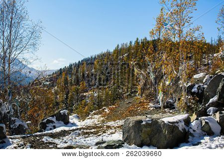 Snowy landscape of the Altay Mountains near Onguday village, Altai Republic, Russia.