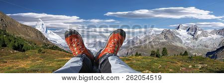 Swiss Alps With Hiking Boots In Zermatt Area, Switzerland